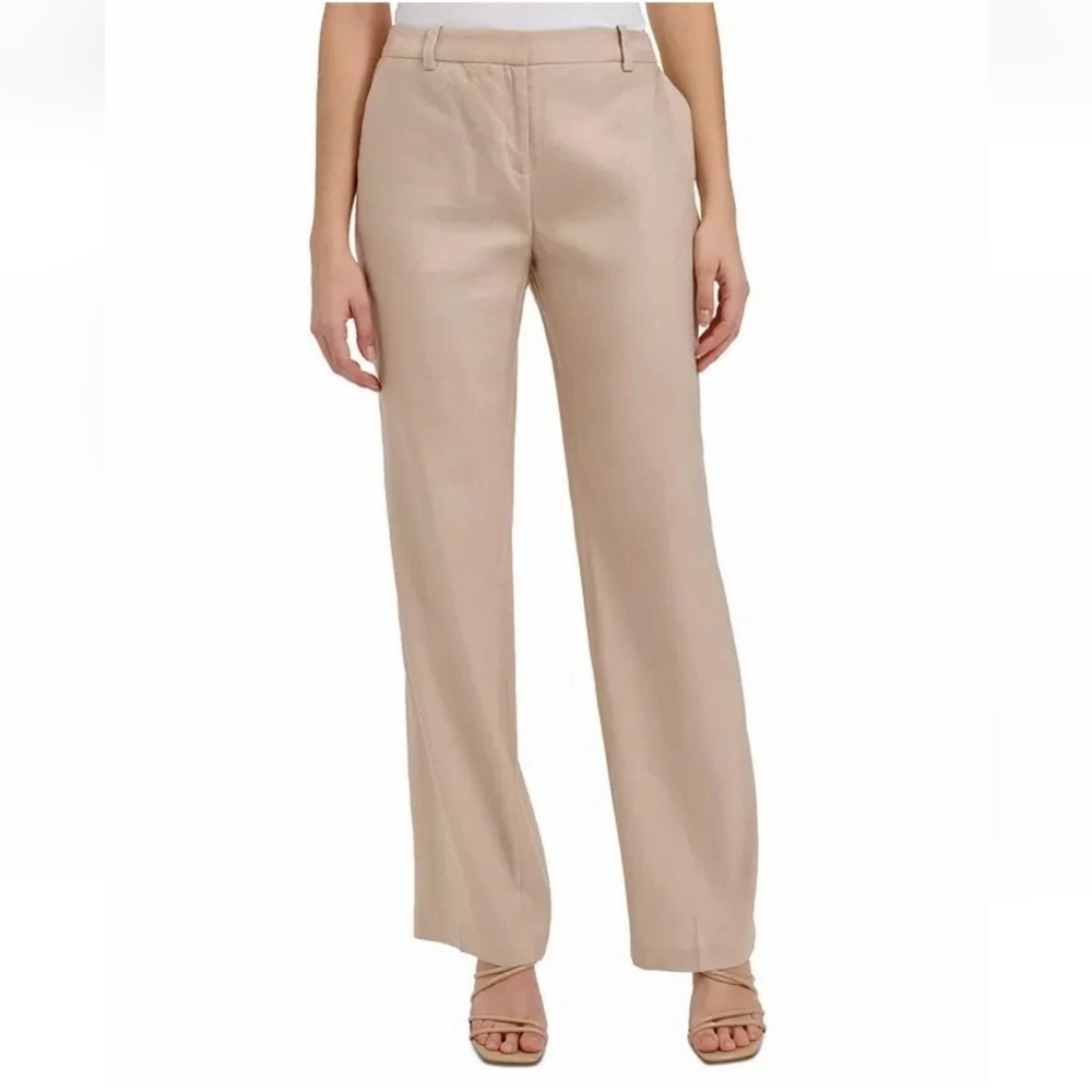 Calvin Klein Women Pants Size 16 Tan Flat Front Linen Blend Trouser New